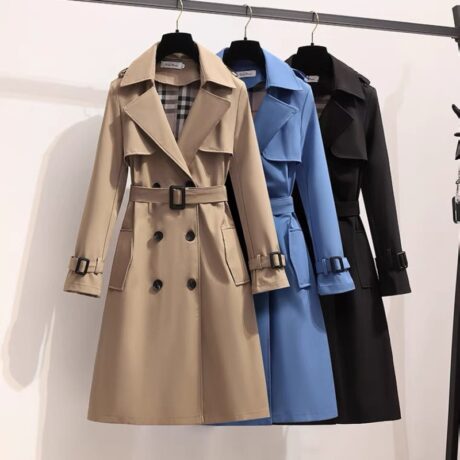 Moda Coreana Vintage Casaco Solto Mola De Outono Pólo De Manga Longa Duplo Peito Alto Midi Windbreaker